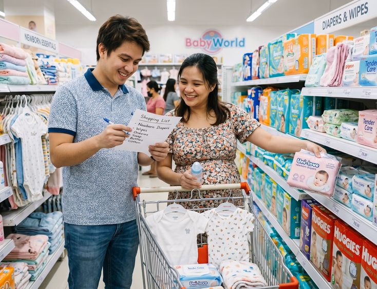 A young Filipino couple shops for newborn basics in a bright baby store aisle, with the husband holding a shopping list.