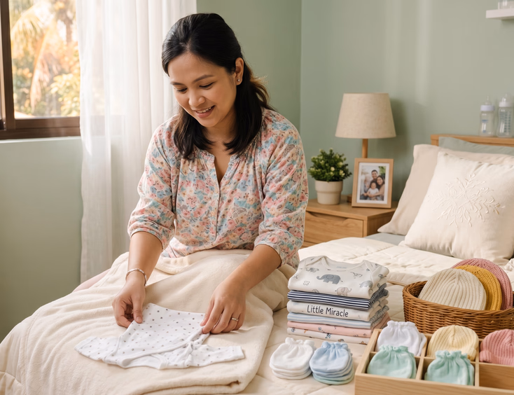 A Filipina mother gently folds a small stack of newborn tie-side shirts and onesies on a bed in a soft pastel bedroom.