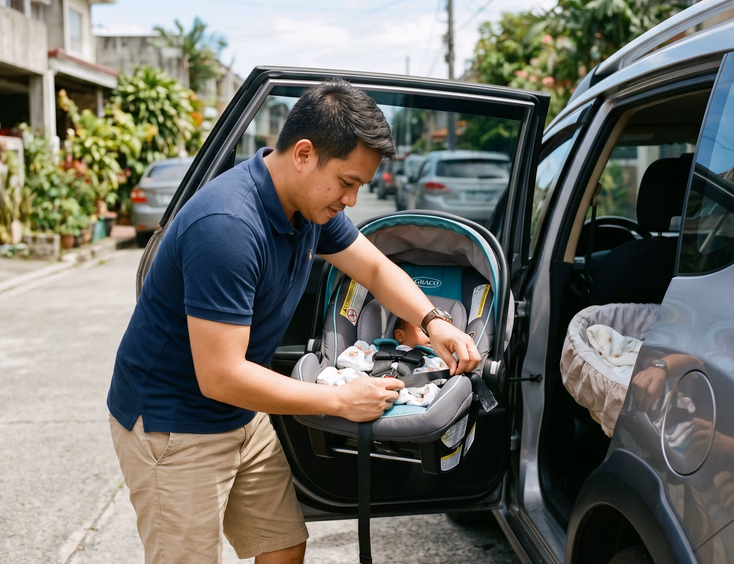 A diligent Filipino father carefully secures a newborn car seat into the back of the family car, ensuring safety straps are tight.
