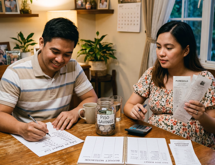 A practical Filipino couple compares their baby shopping list against a budget notebook and coin jar at their dining table.