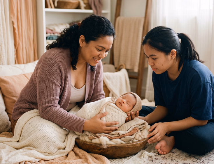 A professional Filipino newborn photographer carefully supports a swaddled baby while an assistant spots nearby in a warm studio setup.
