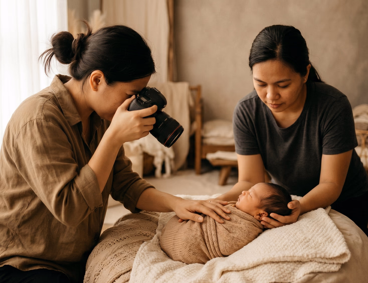 A Filipino photographer keeps one hand gently on a newborn baby during a posed photo shoot while an assistant safely supports the head.