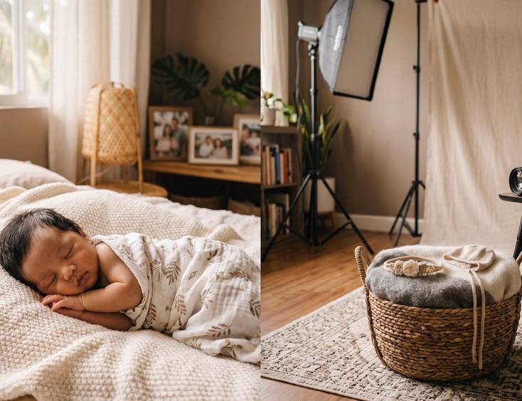 A Filipino newborn rests naturally on a soft blanket at home in a relaxed lifestyle setting next to a warm, posed studio photography setup.