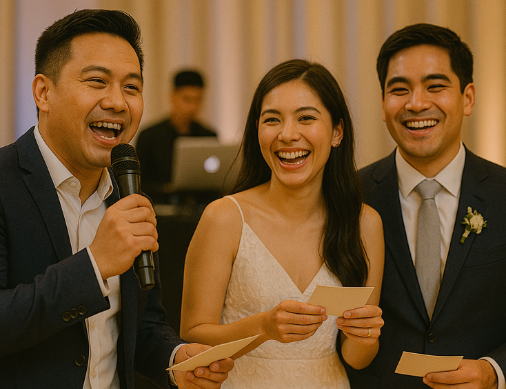 Host delivering playful lines as the couple laughs during the shoe game