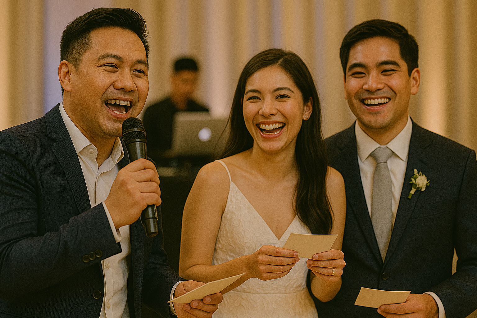 Host delivering playful lines as the couple laughs during the shoe game