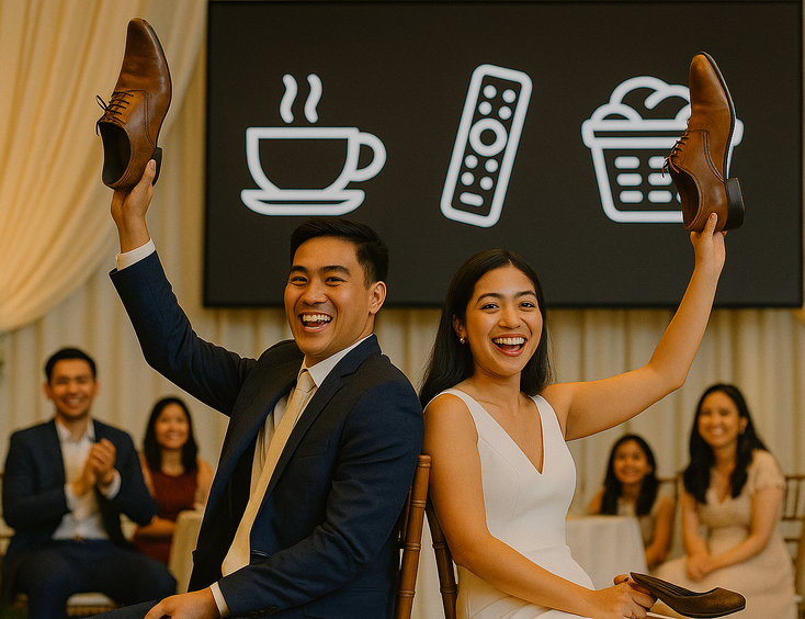 Couple raising shoes while daily life icons show on screen and guests smile