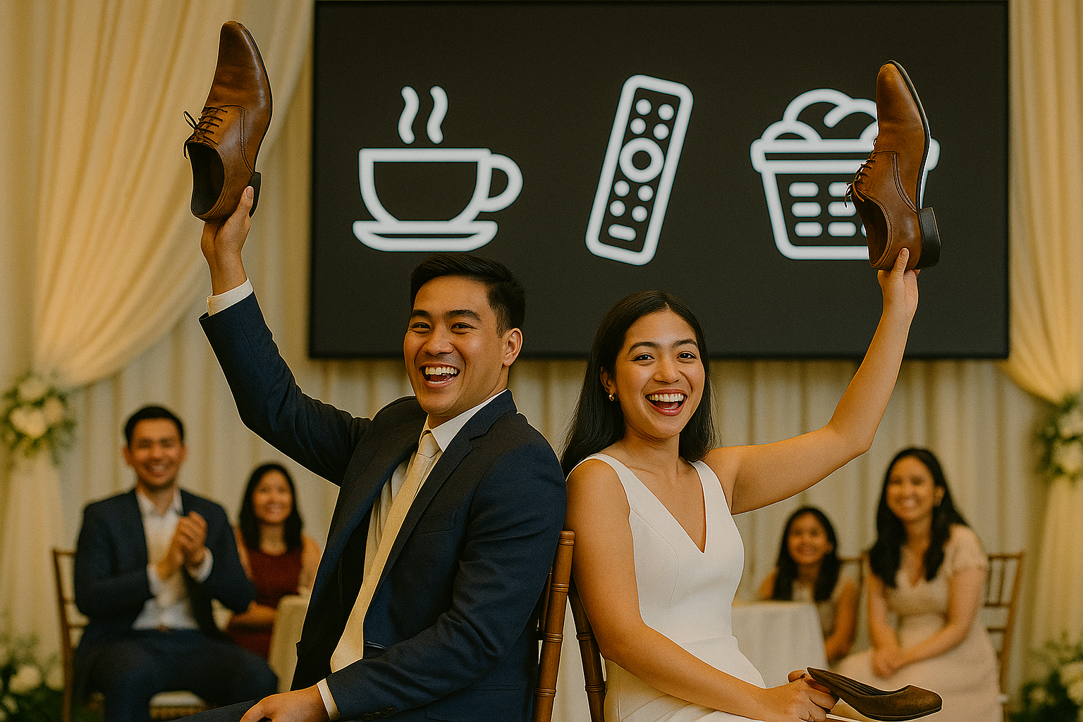 Couple raising shoes while daily life icons show on screen and guests smile