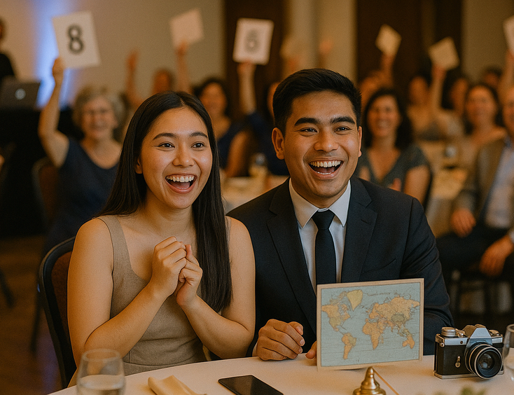 Couple reacting to travel themed questions as friends cheer and wave table cards