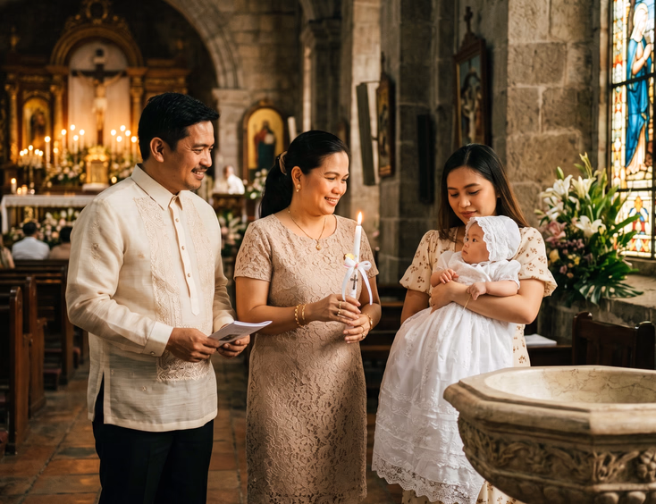 Filipino godparents holding a baptismal candle next to a mother and baby in church.