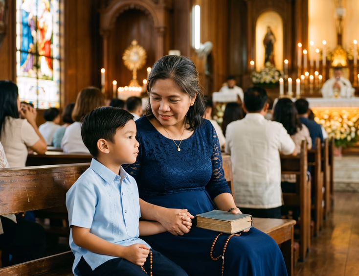 Filipino ninang holding her young godchild's hand on a church pew during Mass.
