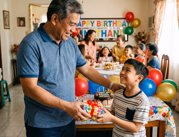 Filipino ninong giving a birthday gift to his godchild at a home party.