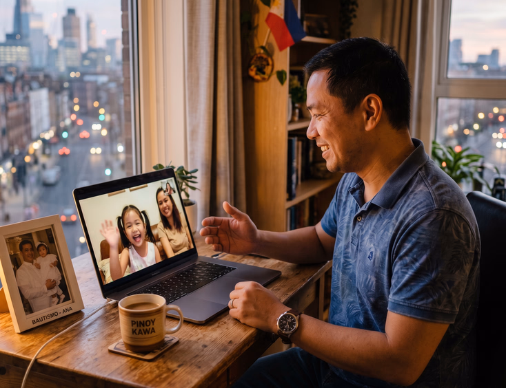 Filipino ninong living abroad video calling his young godchild on a laptop.