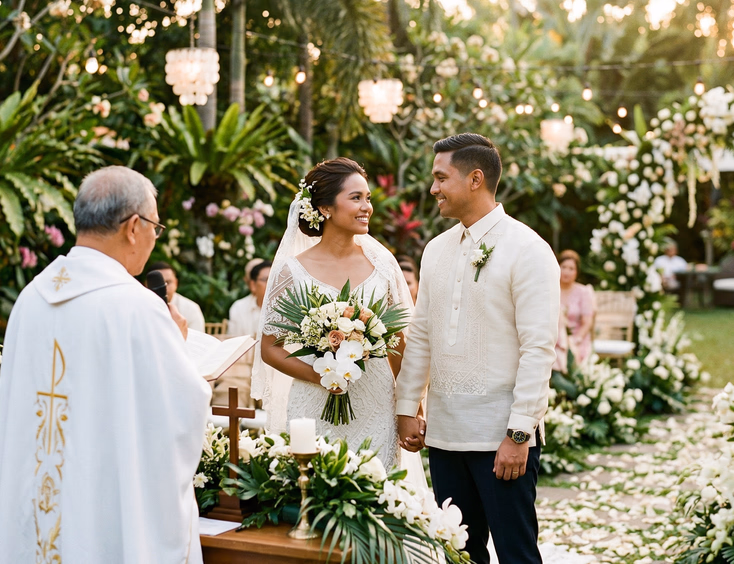 Filipino couple exchanging vows at an outdoor garden wedding in the Philippines, bride in embroidered white gown with sampaguita flowers and groom in cream barong tagalog, Catholic priest officiating at floral altar