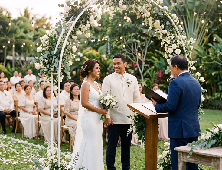 Filipino couple at an outdoor garden wedding ceremony in the Philippines, bride in minimalist white gown and groom in cream barong tagalog, civil officiant presiding at white floral arch altar with guests seated in background