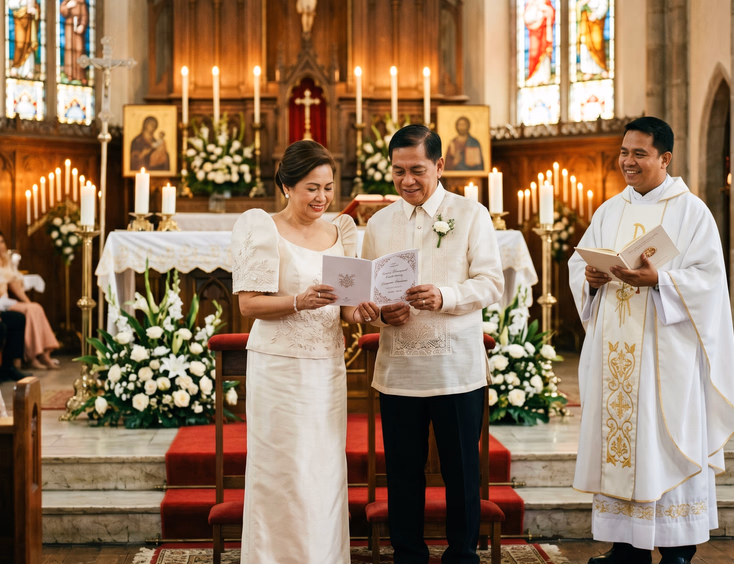 Filipino couple in their 40s exchanging vows under a floral arch in a sunlit Philippine garden with a civil officiant.