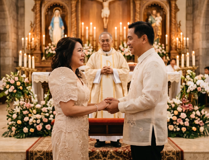 Filipino couple in their 50s and their adult children performing a sand ceremony during a garden vow renewal.