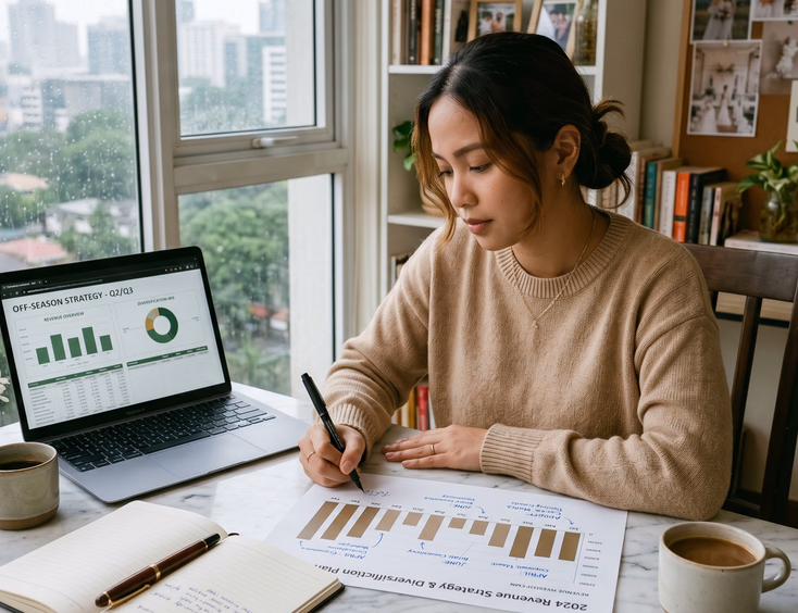 Filipino wedding planner creating an off-season diversified revenue plan at her Makati office desk.