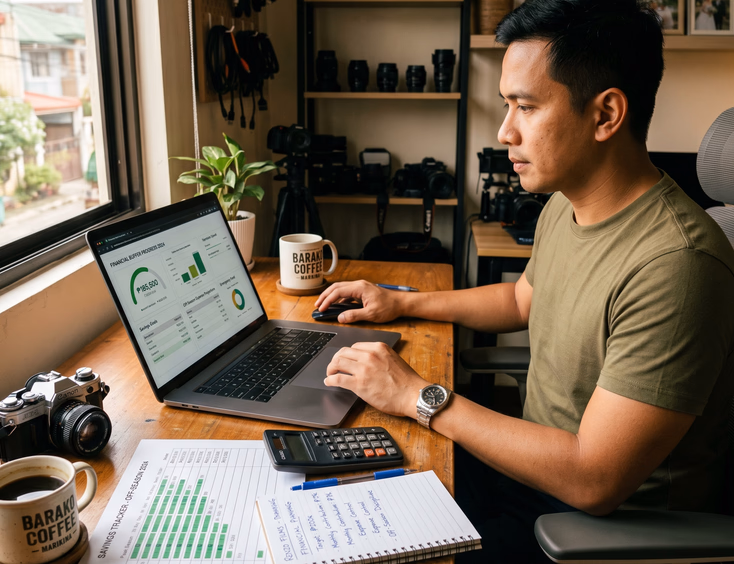 Filipino wedding videographer reviewing off-season financial planning and savings progress in his Marikina studio.