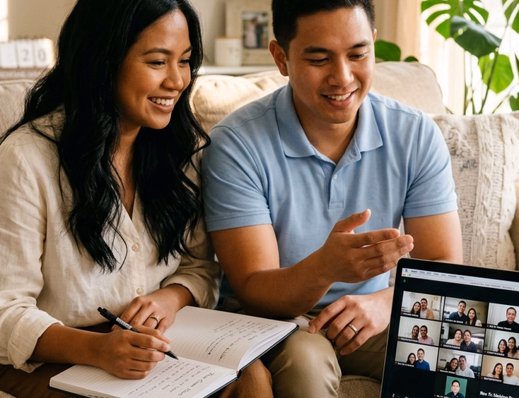 Filipino engaged couple attending an online Pre-Cana seminar on a laptop at home, with other couples and a priest visible on the Zoom screen.