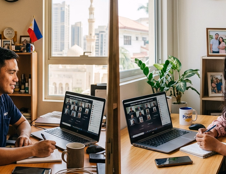 Filipino OFW groom attending an online Pre-Cana seminar from his Middle East apartment while his Filipina fiancée joins the same session from the Philippines.