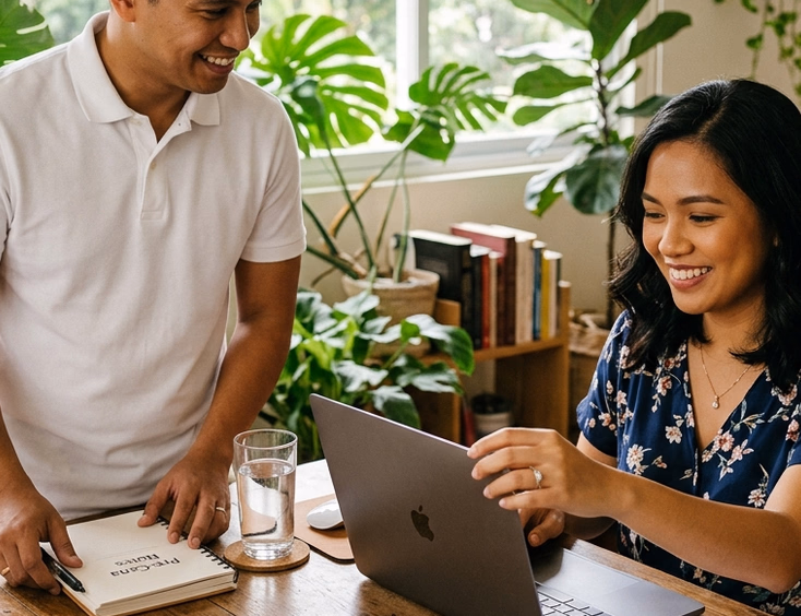 Filipino engaged couple setting up their home workspace with a laptop, notebook, and printed schedule for an online Pre-Cana session.