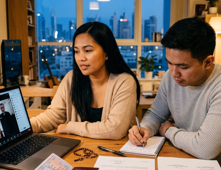Filipina bride-to-be and her fiancé attending an online Pre-Cana session abroad with Philippine passport and CENOMAR documents on the desk.