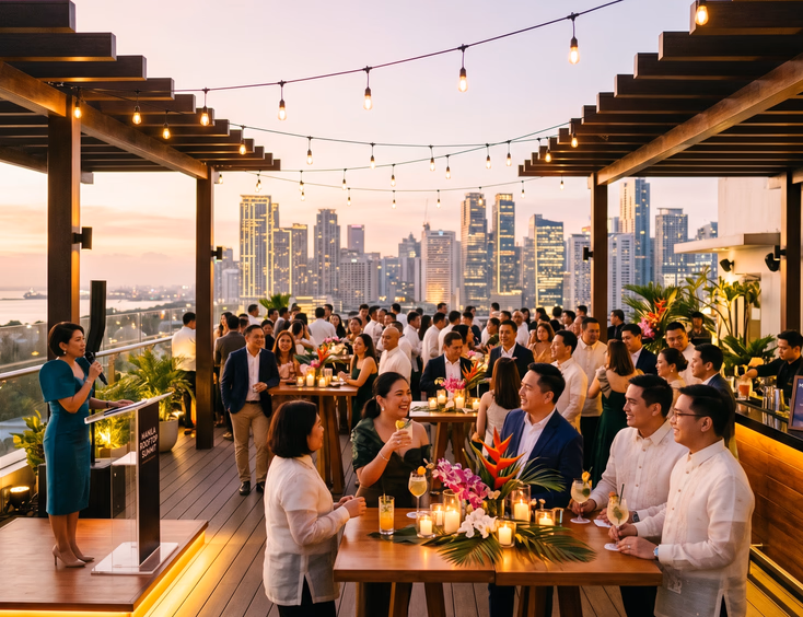 Stylish Filipino corporate cocktail event on a Manila rooftop with guests mingling under string lights and the Makati skyline glow at golden hour.