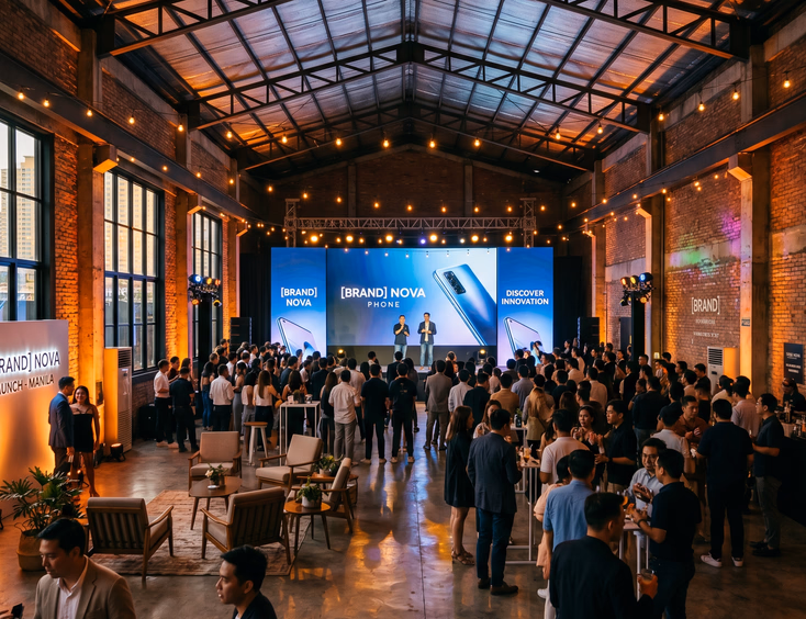 Sleek Filipino product launch event inside a converted Manila warehouse venue, featuring guests in smart casual attire watching a reveal on a massive LED video wall.
