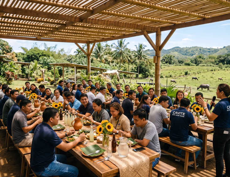 Rustic Filipino corporate team building at a farm in Cavite, featuring employees sharing an open-air lunch under a bamboo pergola, with a Filipina facilitator leading.