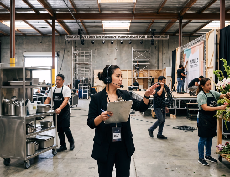 Behind-the-scenes documentary of a Filipina event organizer with a headset directing caterers and AV technicians during setup at a Manila warehouse venue.