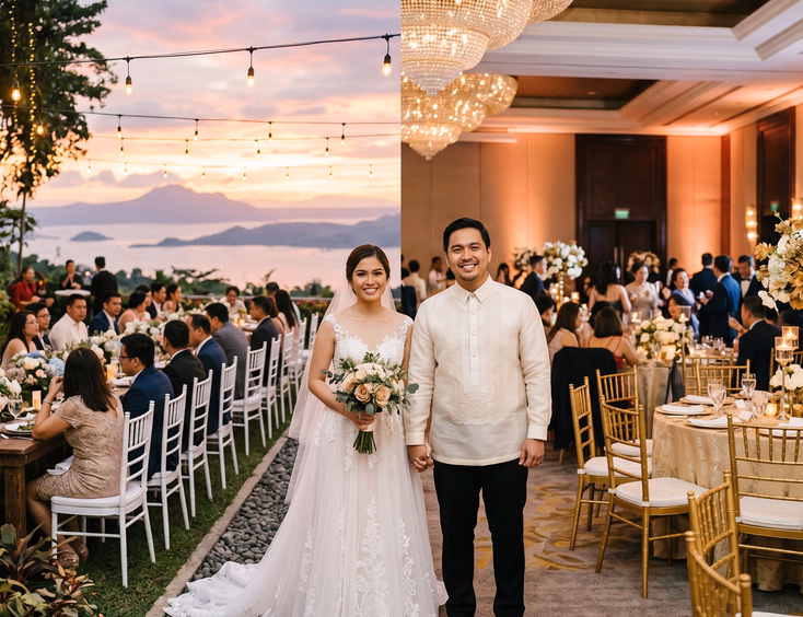 Filipino bride and groom standing between a split-screen of an outdoor Tagaytay garden reception at sunset and an elegant indoor Manila hotel ballroom with crystal chandeliers
