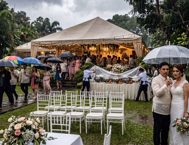 Filipino couple standing under a clear umbrella during unexpected heavy rain at an outdoor garden wedding reception with guests scrambling toward a covered backup tent