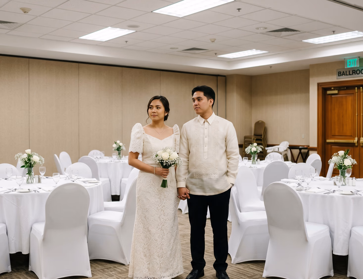 Filipino bride and groom looking underwhelmed inside a plain hotel ballroom with standard white-linen tables, minimal florals, and bright fluorescent lighting