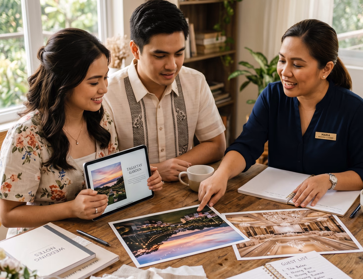 Filipino bride, groom, and wedding planner reviewing outdoor garden and hotel ballroom venue options with photos, fabric swatches, and a guest list spread across a planning table