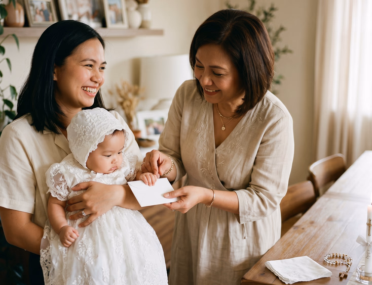 Filipino ninang putting a gift envelope into a baby's hand during a baptism.