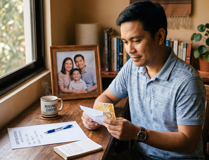 Filipino ninong preparing a cash gift envelope for a baby baptism at home.