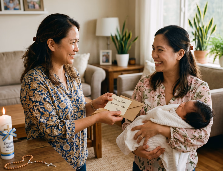 Filipino ninang handing a gift envelope and note to a mother holding her baby.