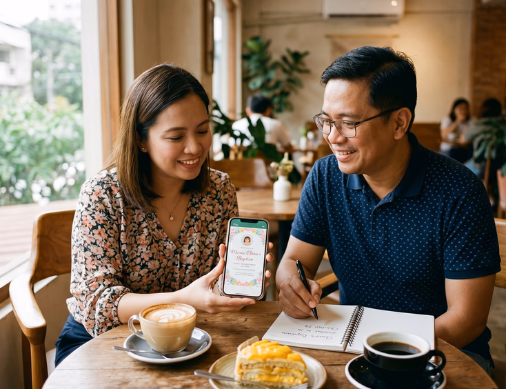 Filipino godparents discussing a baby baptism invitation at a cafe.