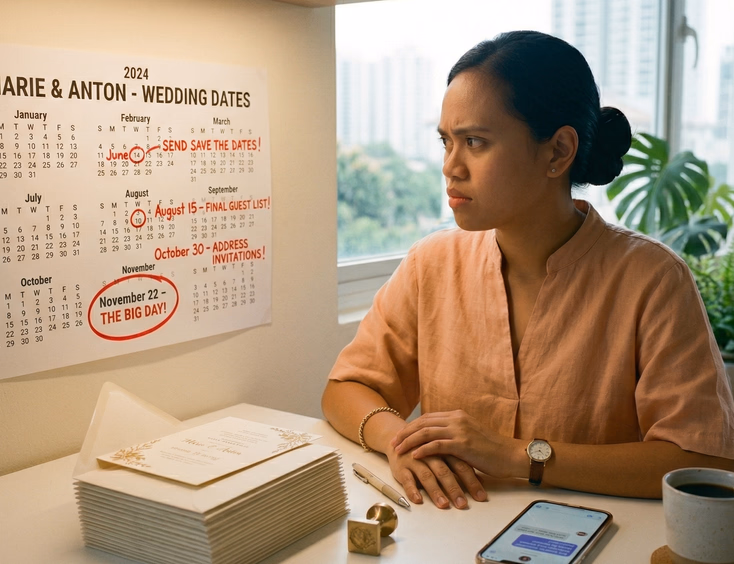 A Filipino woman in her early 30s sits at a white home office desk looking focused, with a printed wall calendar marked with circled red dates, a stack of cream wedding invitation envelopes, a phone showing a Viber chat thread, and a cup of coffee nearby under warm overhead lighting.