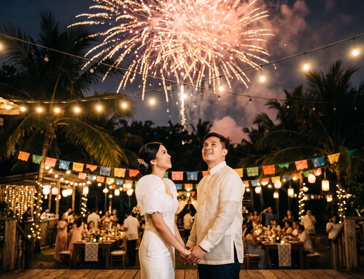 Filipino bride in modern terno and groom in barong watching gold and pink fireworks at a wedding reception with traditional town fiesta-style decorations.
