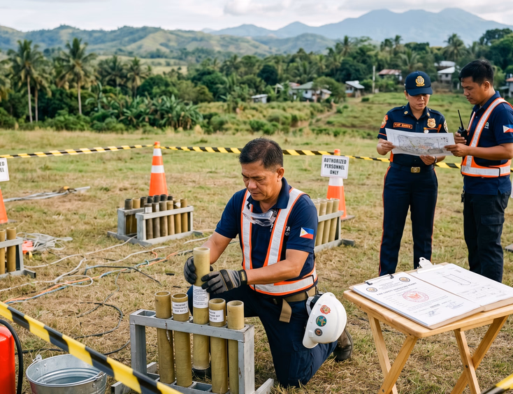 Licensed Filipino pyrotechnics operator and BFP officer setting up mortar tubes and safety permits for a wedding fireworks display.