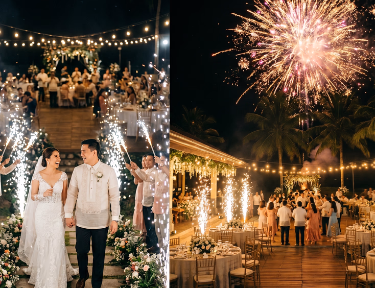 Comparison of cold sparklers, ground gerbs, and aerial fireworks effects at a Filipino wedding reception at night.