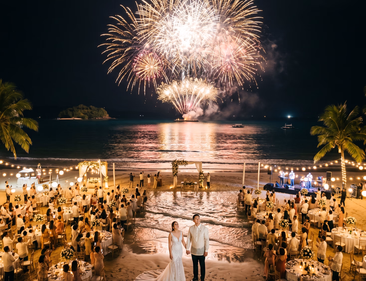 Aerial view of a Filipino beachfront destination wedding with a fireworks finale bursting over the ocean and guests on the sand.