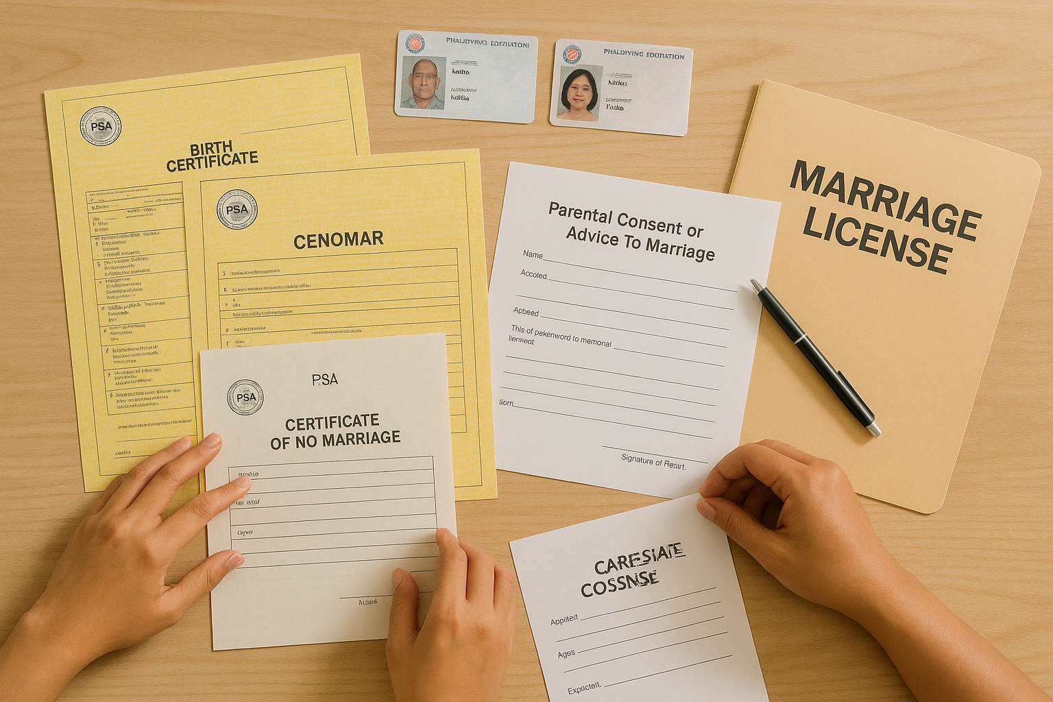 Overhead view of consent or advice form with PSA documents and parent IDs