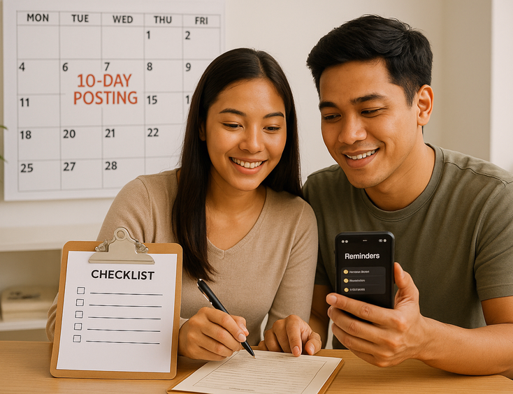 Couple marking a 10 day posting schedule with checklist and phone reminders