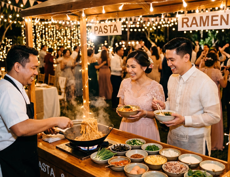 Filipino cook in black apron tossing noodles at a steaming pasta and ramen station on a wooden food cart while a Filipino woman in a pastel dress and a man in barong tagalog smile and hold bowls at a Filipino wedding reception at night with warm string lights
