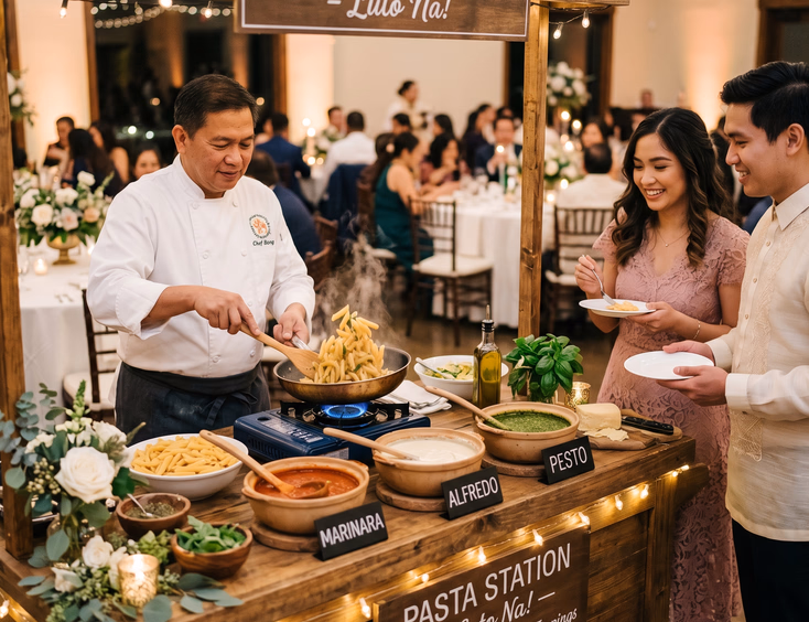 Filipino cook in white chef coat tossing penne pasta over a portable burner beside three sauce bowls of marinara, alfredo, and pesto on a rustic floral-decorated cart as two Filipino guests hold plates at a Filipino wedding reception with round banquet tables in the background