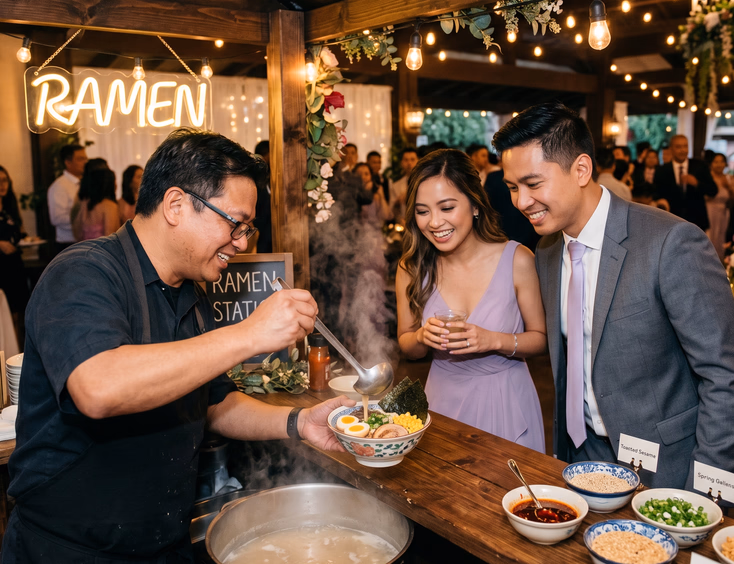 Filipino male cook in black apron ladling hot broth into a ramen bowl with noodles, soft-boiled egg, nori, corn, and chashu at a dark wood ramen cart with a neon sign as two Filipino guests in cocktail attire lean in to watch at a Filipino wedding reception with warm string lights