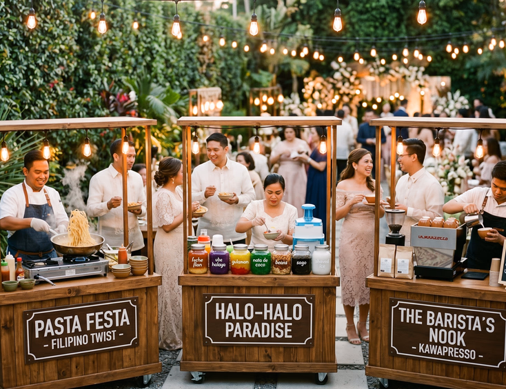 Wide shot of a Filipino wedding reception food market with three carts in a row featuring a pasta station, halo-halo station with colorful toppings, and a coffee barista cart with a Filipino barista pouring latte art as formally dressed Filipino guests mingle under Edison bulb string lights with a green foliage wall backdrop