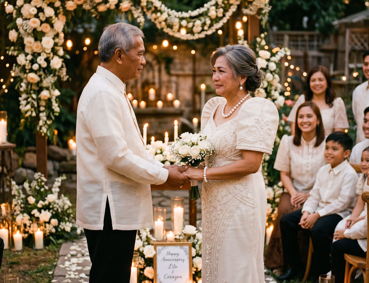 Filipino couple in their late 60s celebrating a pearl wedding anniversary vow renewal in a garden.